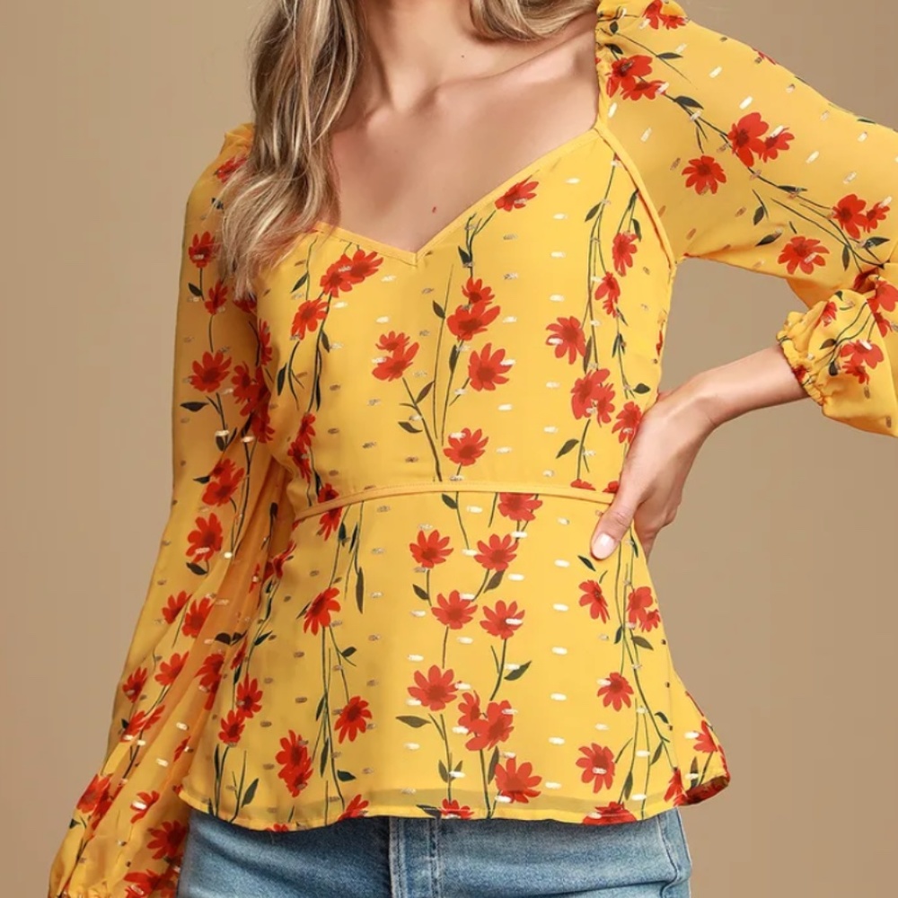 Lulu's Mustard Yellow Floral Peplum Top